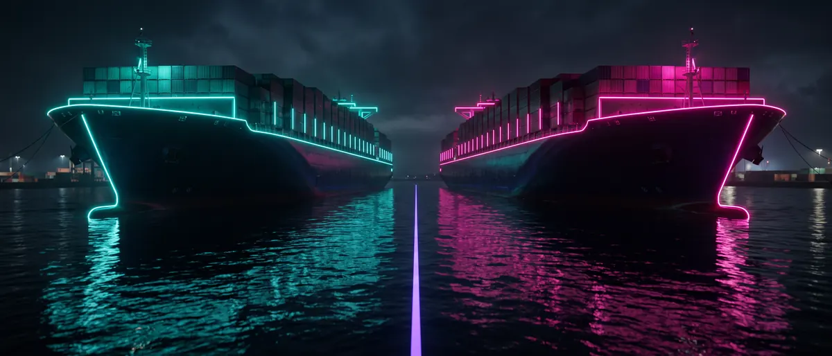 Two identical ships moored bow to bow, one lit teal, one magenta