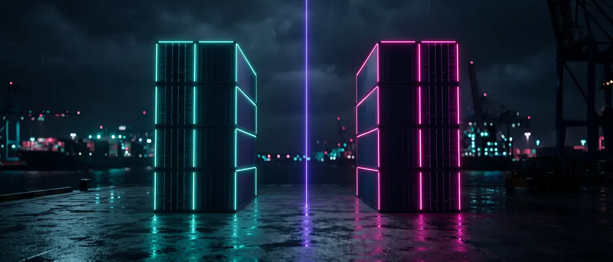 Two equal container stacks measured by a violet beam