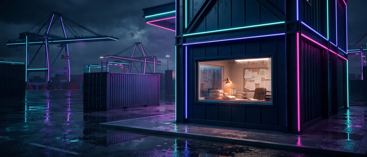 A customs shed at a container port at night, stacked paperwork visible through the window, a single container waiting on the apron.