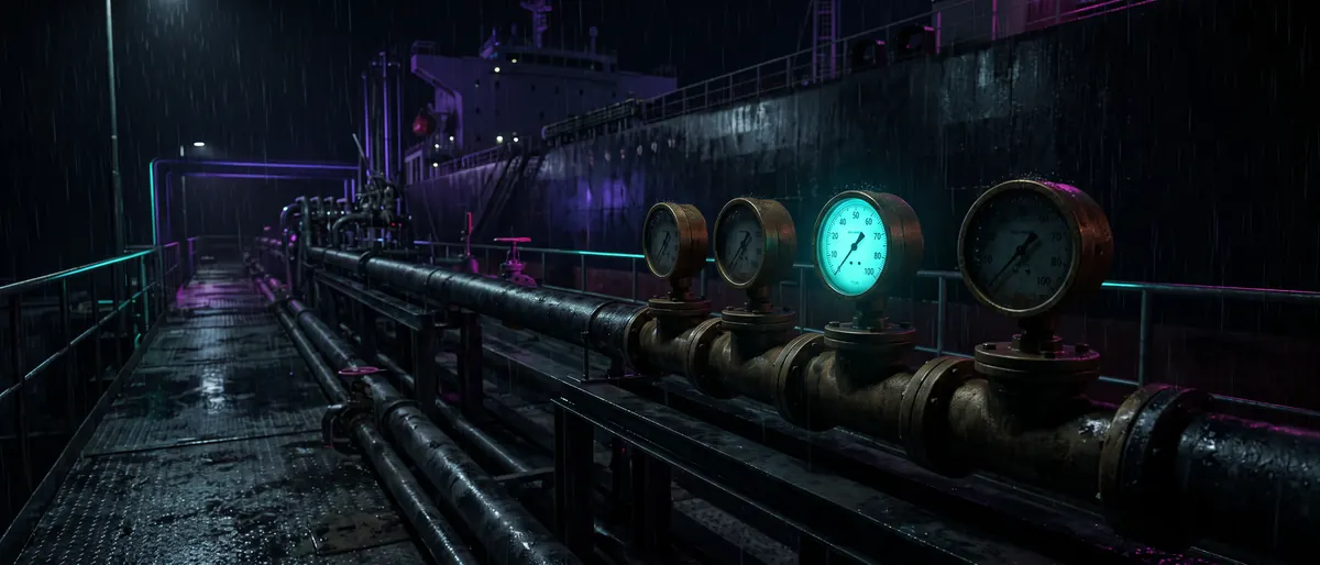 A row of flow meters on a bunkering line at night, one dial lit, the pipe disappearing toward a ship’s hull.