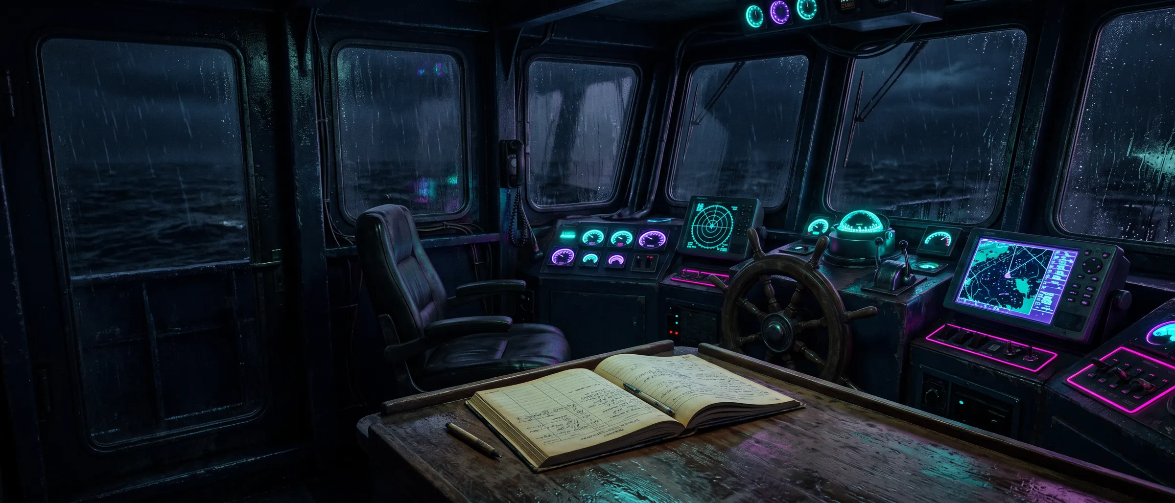 A weathered wheelhouse at night with a worn logbook open on the console