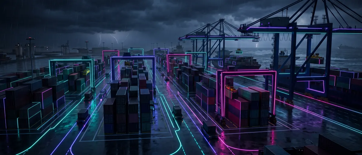 An automated container terminal running by itself at night