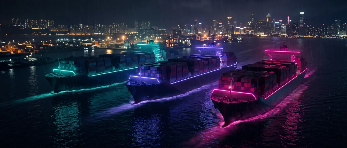 Three loaded ships leaving port in a line