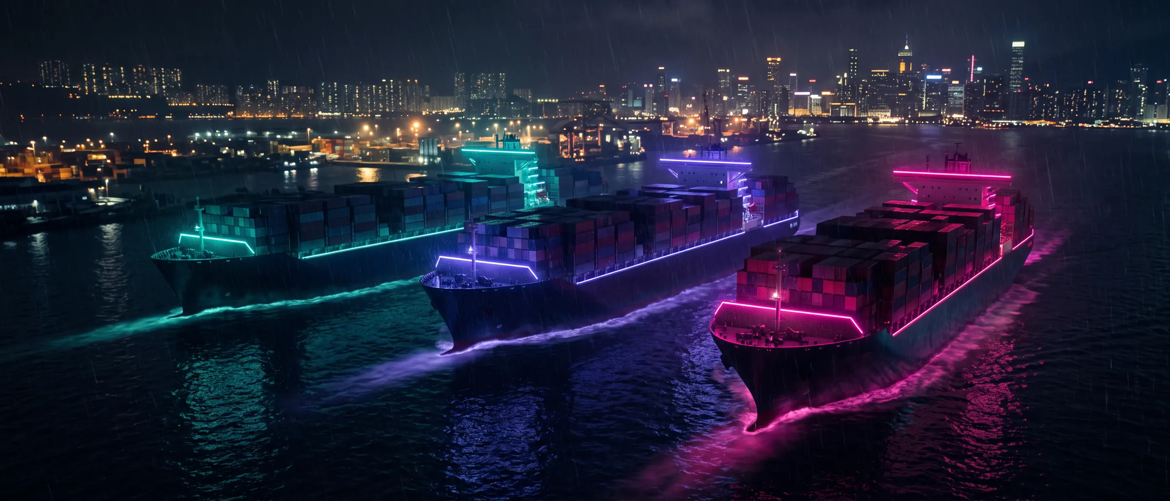 Three loaded ships leaving port in a line