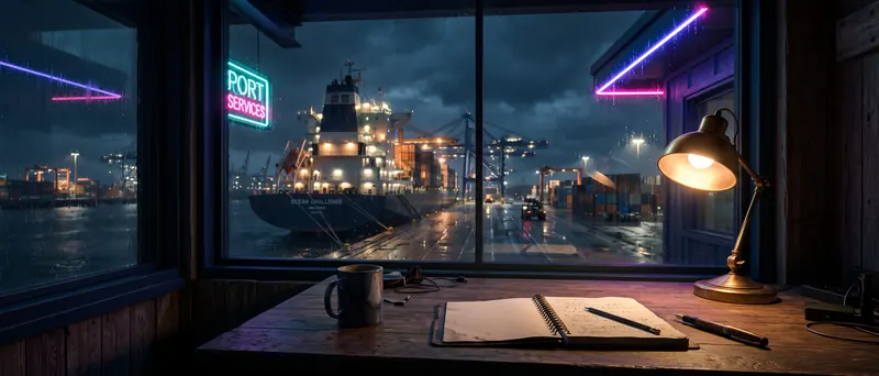 A harbour office desk at night, a window onto a lit ship