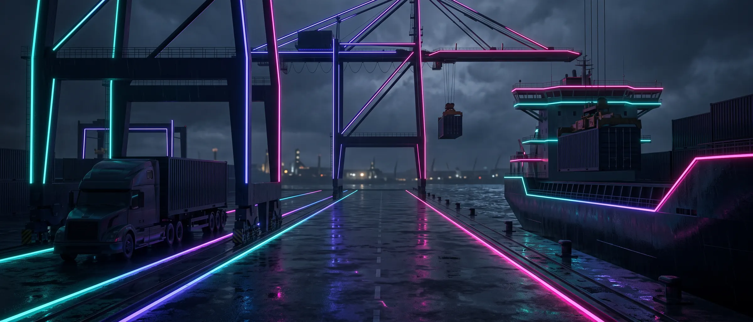 A container's journey: gate, crane, ship, along one lane