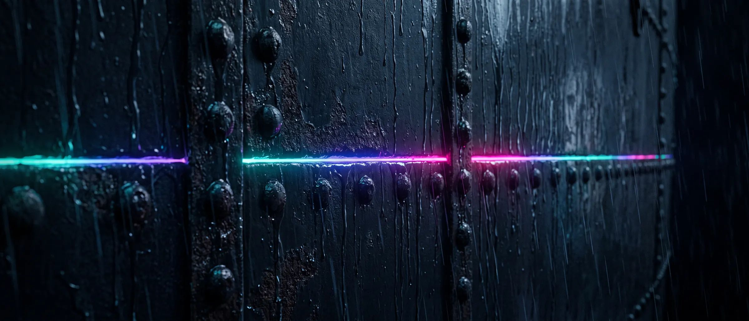 Close-up of riveted hull steel with a thin glowing seam