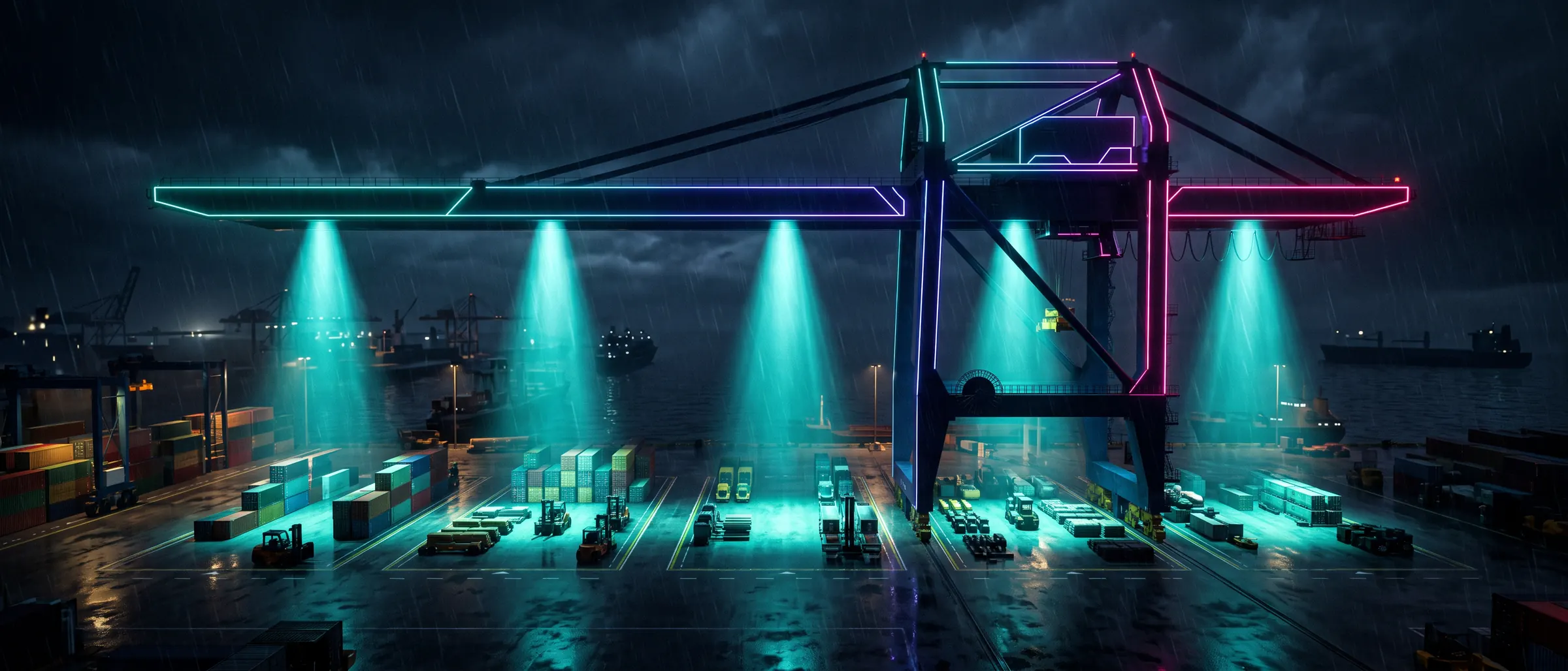 One crane casting five beams onto five work areas at once