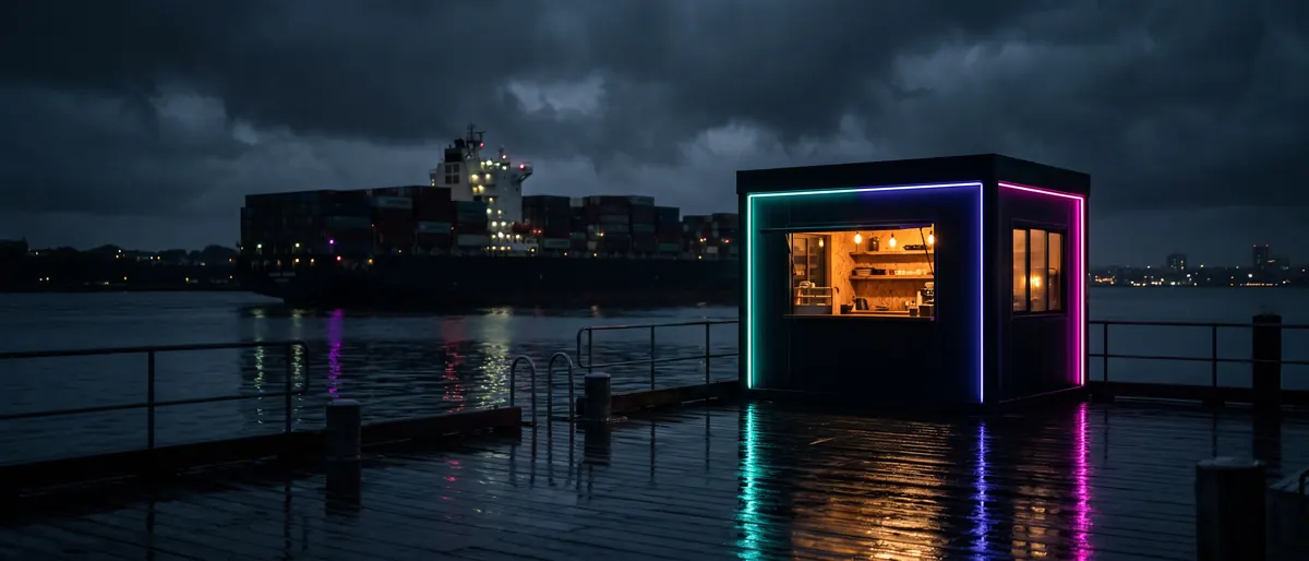A harbour cafe kiosk at night with a ship passing behind