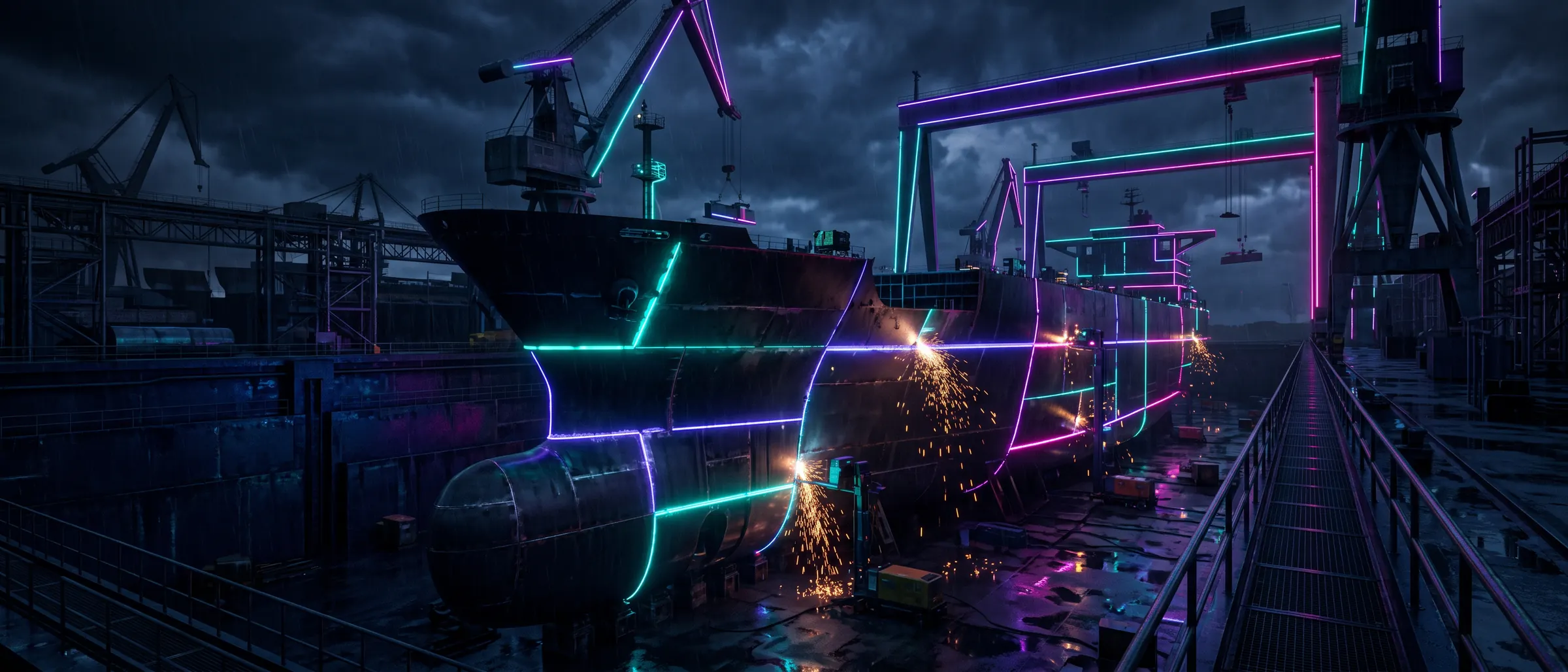 A dry dock at night, a ship assembled from glowing plates