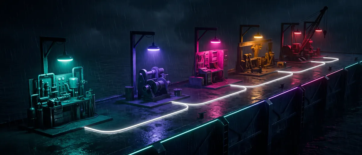 Five work stations along a quay joined by one glowing lane