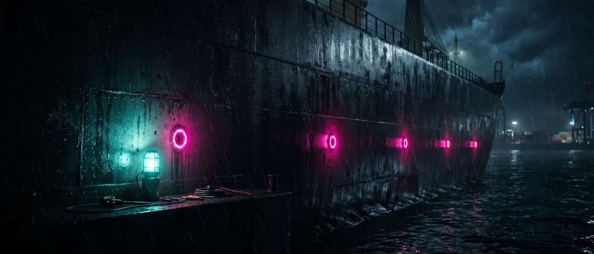 A hull with five small glowing leak points along its length