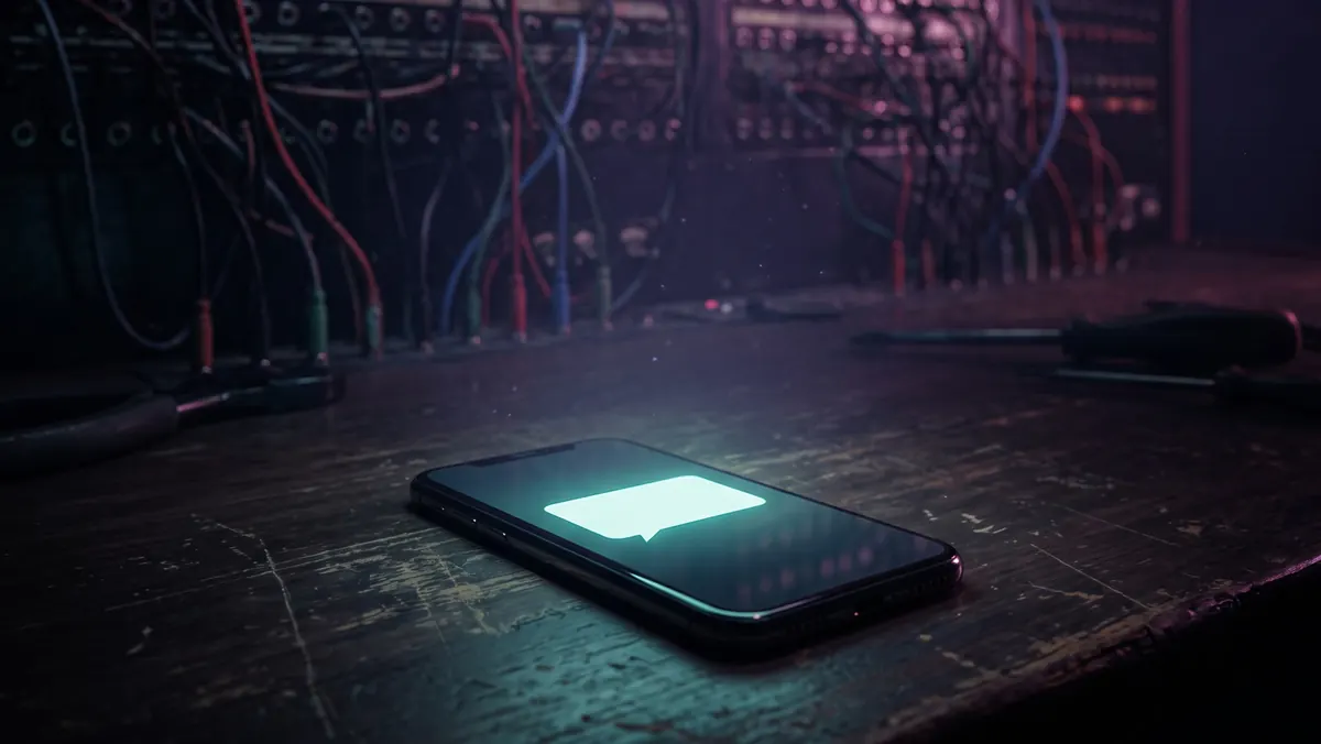 A phone on a workbench in a dim switch room, one message lit on the screen