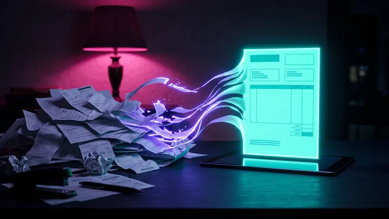 A pile of paper forms dissolving into one clean digital document