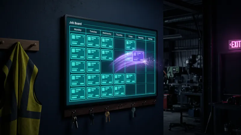 A workshop job board with the week laid out in glowing blocks