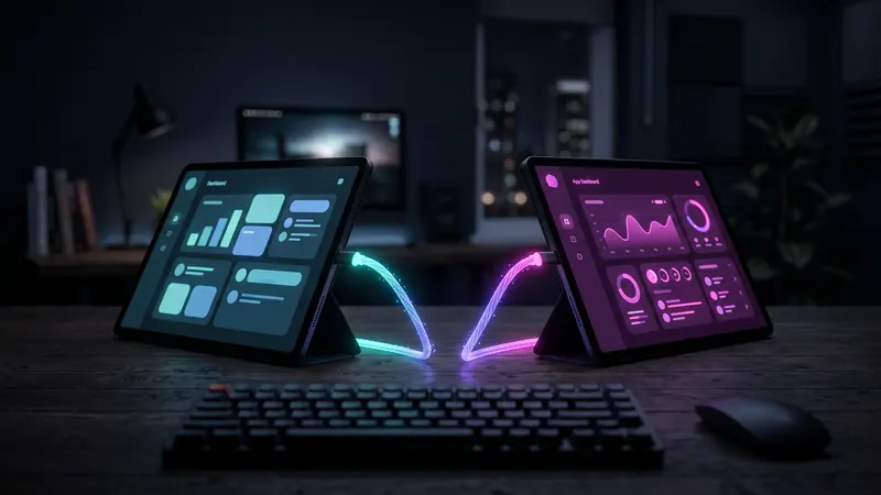 Two tablets showing different apps joined by a single cable of light