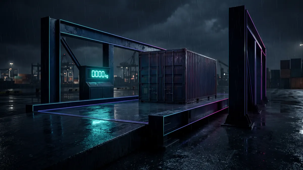 A wharf-side weighbridge at night with a single container resting on it, the digital readout glowing teal and nothing else lit.