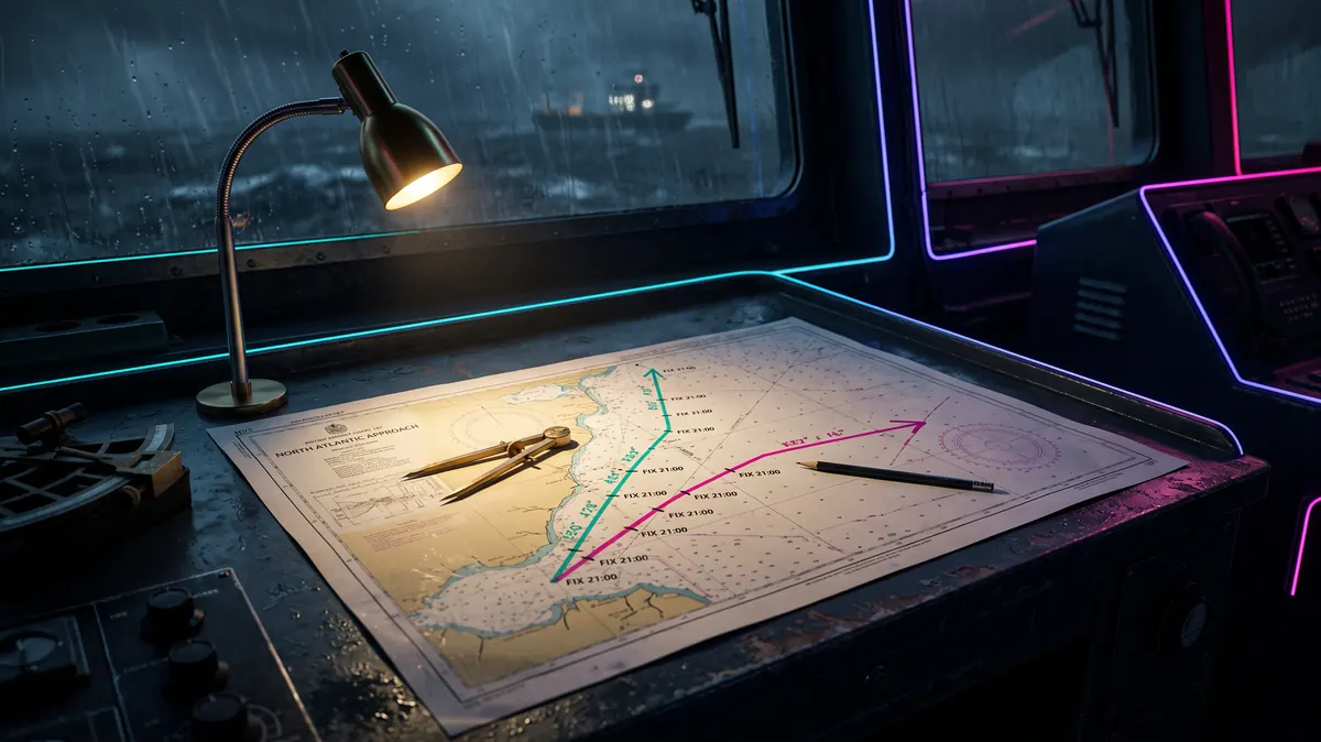A chart table with two plotted routes diverging
