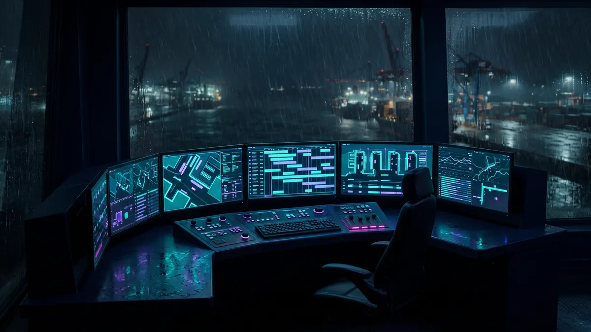 A harbour control desk with a bank of glowing screens