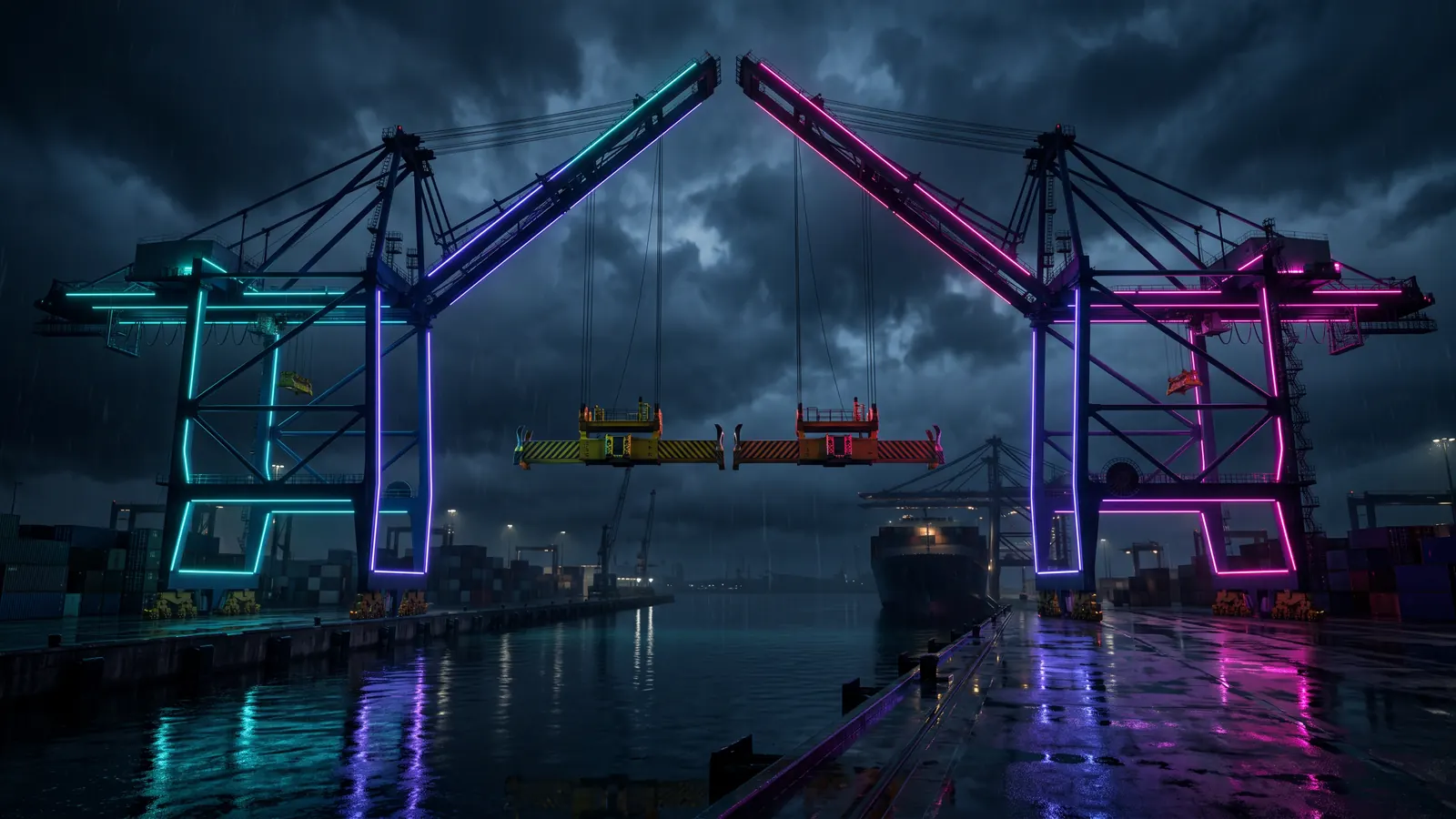 Two container cranes on a night wharf reaching toward each other, their spreaders a hand’s width apart and not touching, lit from below.