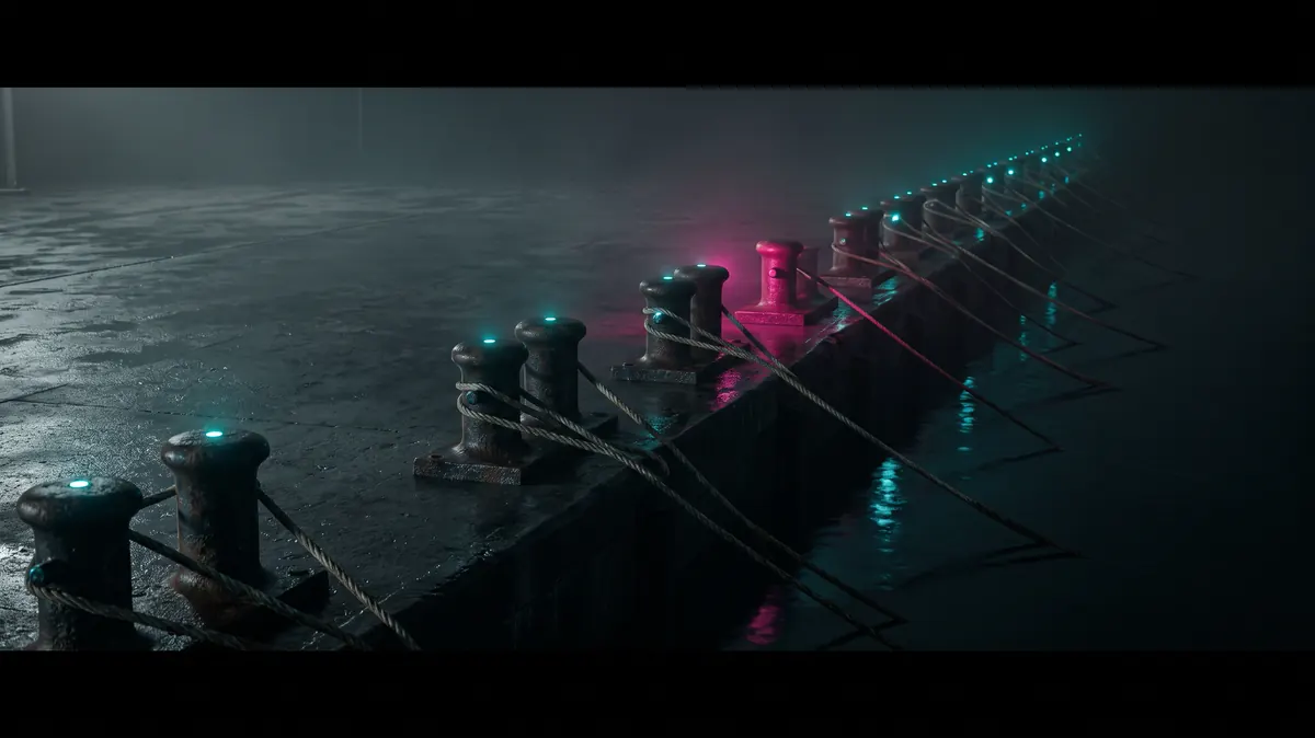 Twenty numbered mooring bollards along a dark wharf at night, each catching a point of teal light, one rope missing from the line.