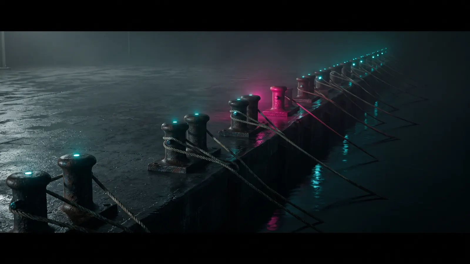 Twenty numbered mooring bollards along a dark wharf at night, each catching a point of teal light, one rope missing from the line.