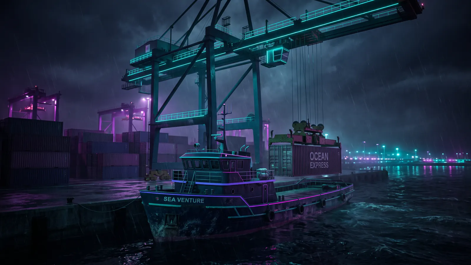 A small coastal vessel moored at a container terminal at night, dwarfed by the crane above it, one container too large for its deck.