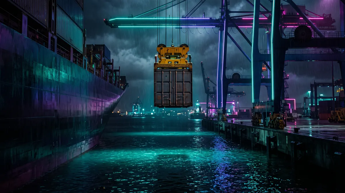A single shipping container suspended mid-air between a ship and a wharf at night, spreader locked, the gap below lit teal.