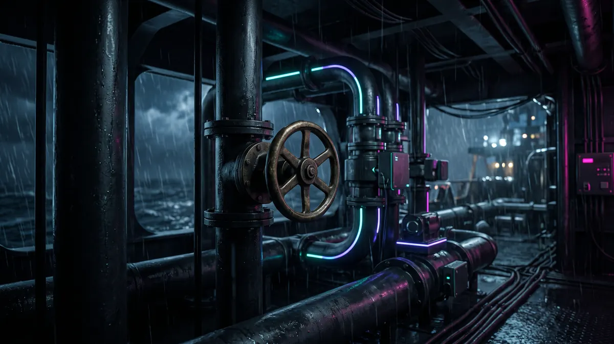 A brass hand-wheel valve among automated glowing pipes