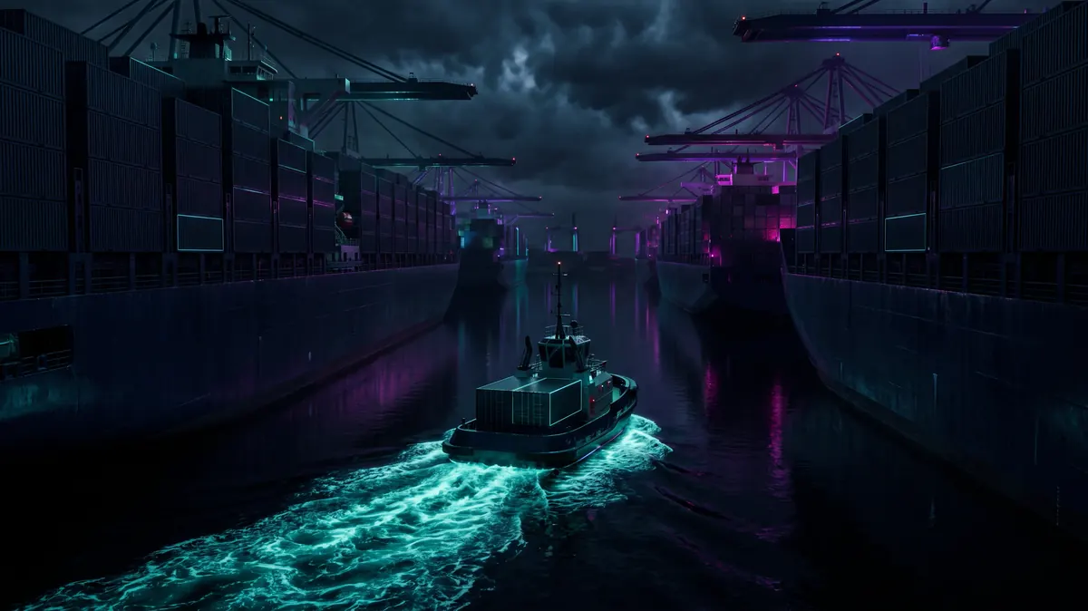 A single tug moving under its own power between moored container ships in a night harbour, its wake the only movement on black water.