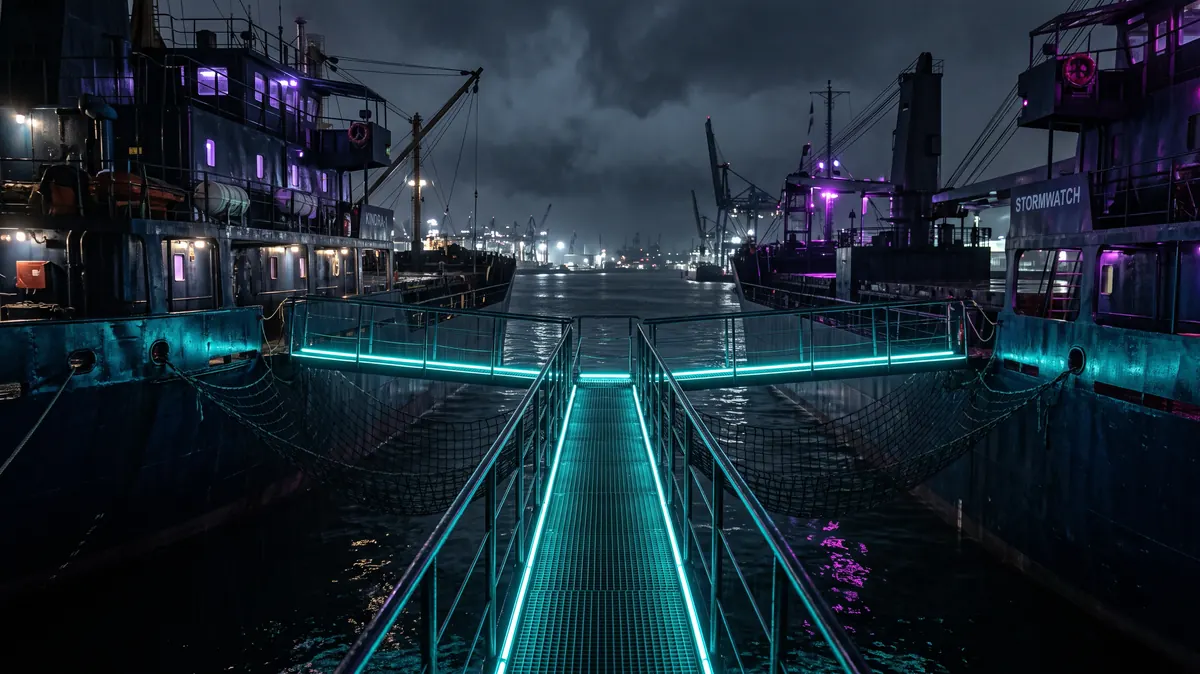 A gangway lit from below connecting two moored ships at night, cargo netting stretched between them, the harbour black on both sides.