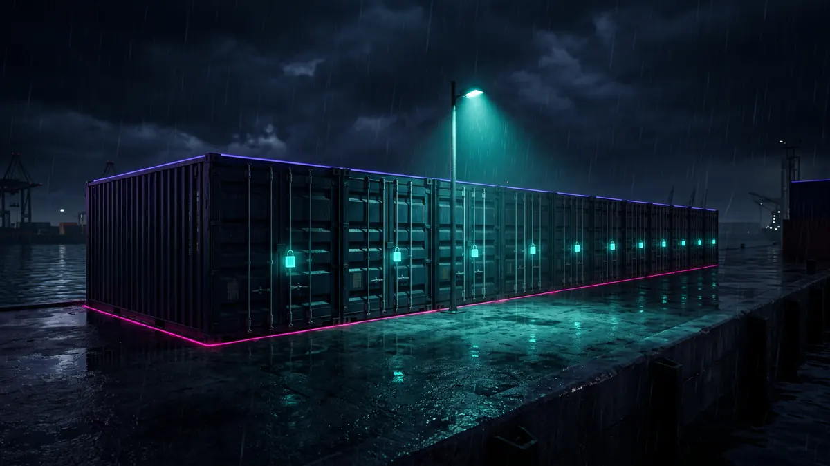 Thirteen sealed containers in a row on a night wharf, each stencilled with a number, a customs lamp lighting the seals.