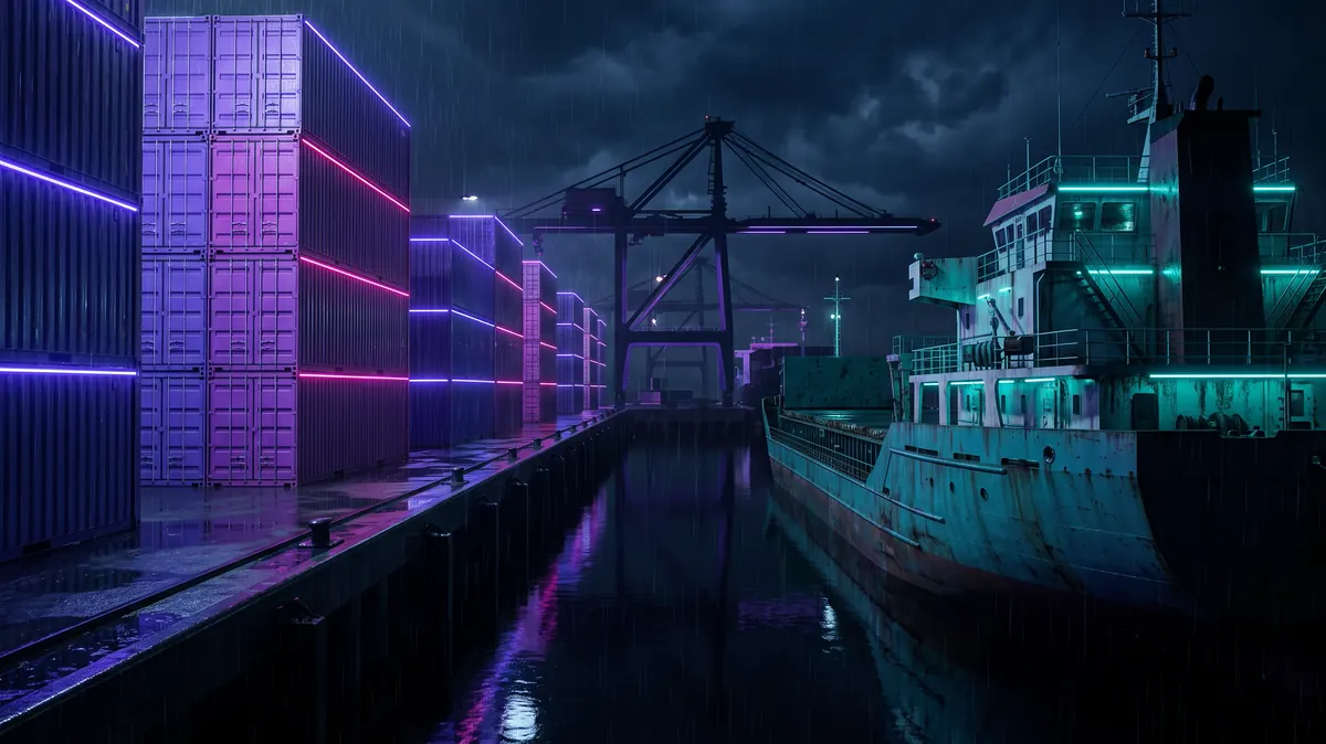 Two berths side by side at night: one holding a leased container stack in vendor colours, the other a smaller ship with its own name on the hull.