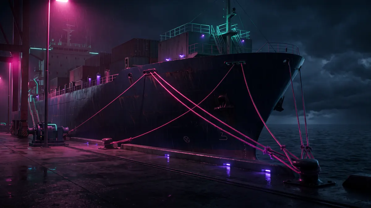 A container ship at night held against the wharf by heavy mooring lines, the ropes lit and taut, open water visible beyond the bow.