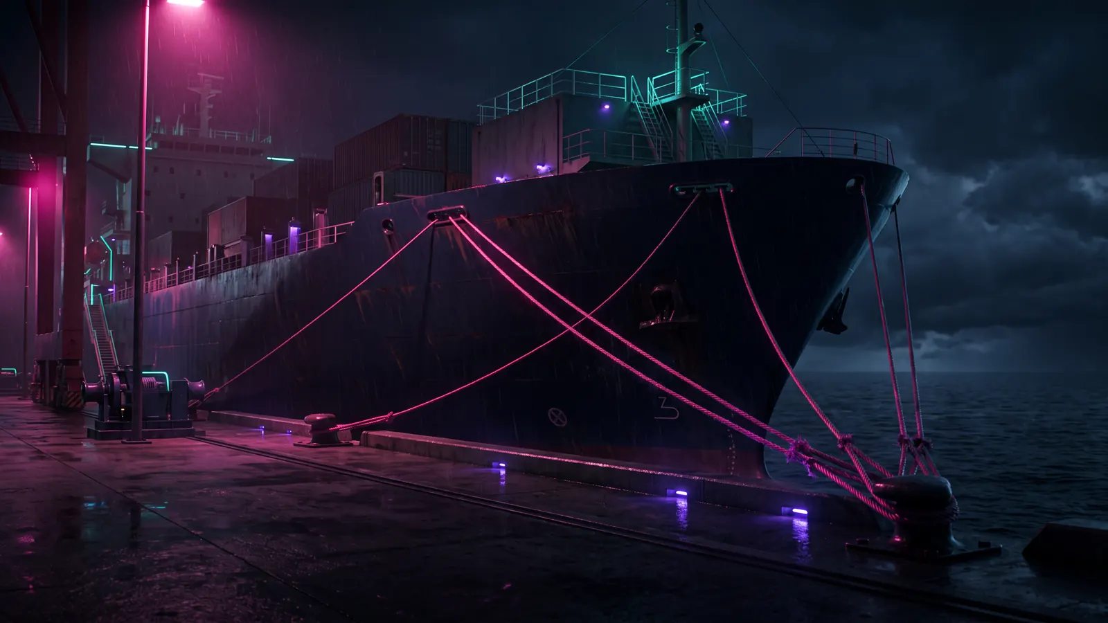 A container ship at night held against the wharf by heavy mooring lines, the ropes lit and taut, open water visible beyond the bow.
