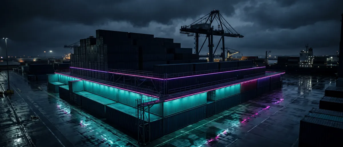 A night harbour from above with container stacks arranged in stepped tiers like a building under construction, one tier lit teal, a crane silhouette beyond.
