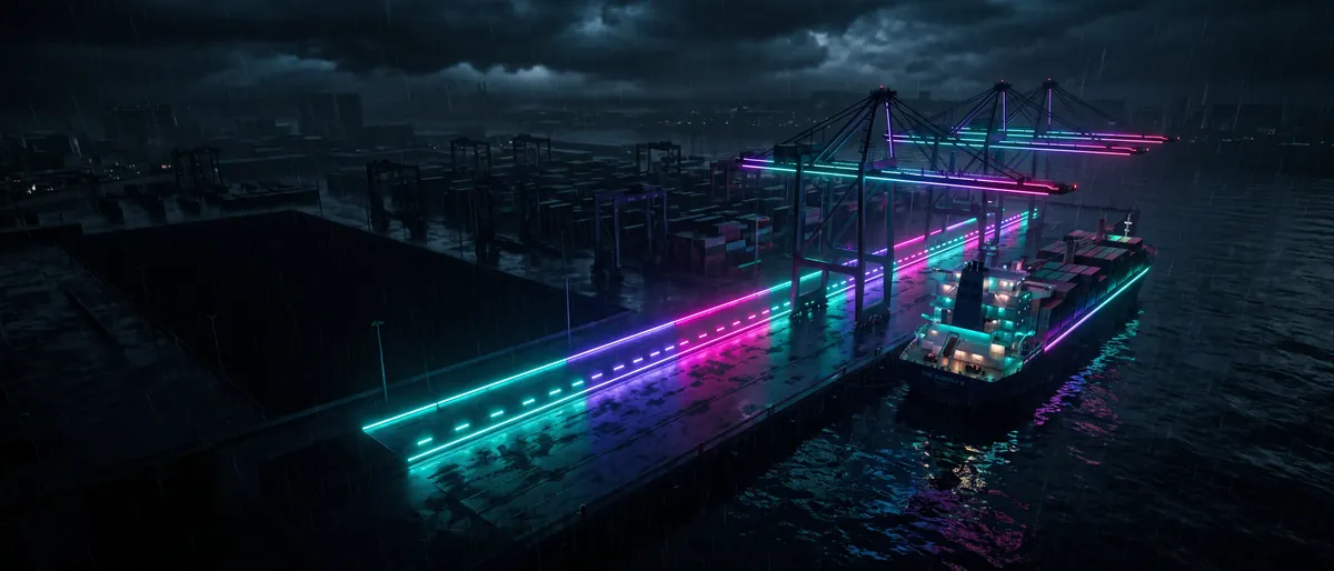 A night harbour from above with a single straight line of crane lights running from a dark quay to a lit ship, the rest of the port unlit.