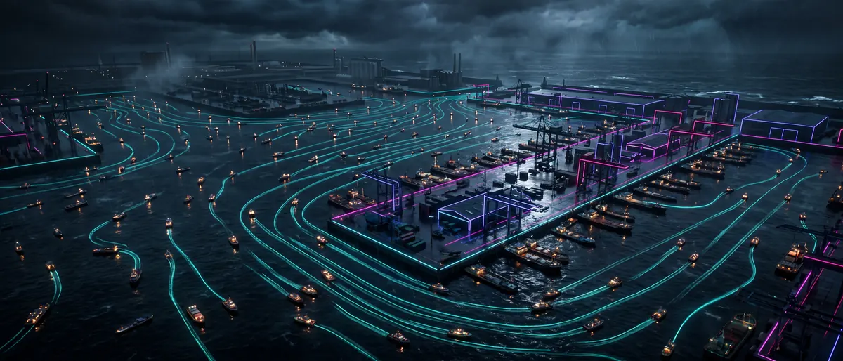 A night harbour from above where many small lit vessels each follow a separate marked lane to one quay, the lanes drawn in teal light on dark water.