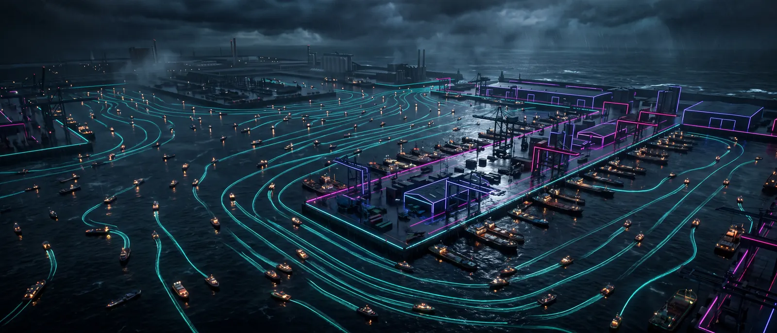A night harbour from above where many small lit vessels each follow a separate marked lane to one quay, the lanes drawn in teal light on dark water.