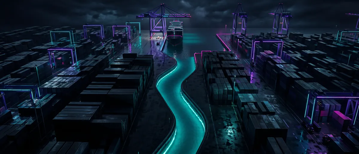 A night harbour seen from above: one narrow lit water channel winding between dark container stacks toward a single berth, the water surface teal.