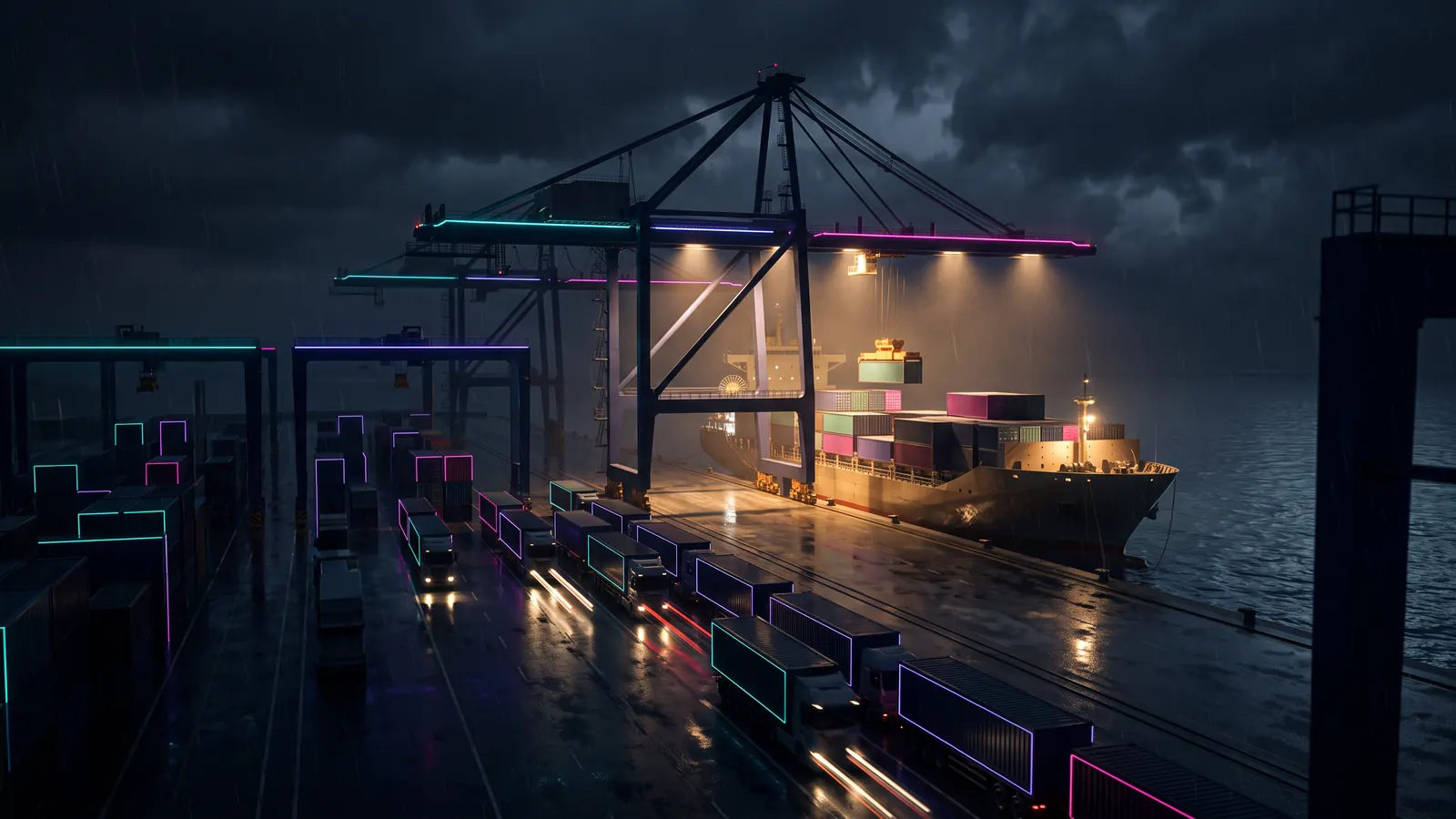 A single container crane at night working a small ship under floodlights, a long queue of trucks waiting on the wharf, most of the port dark.