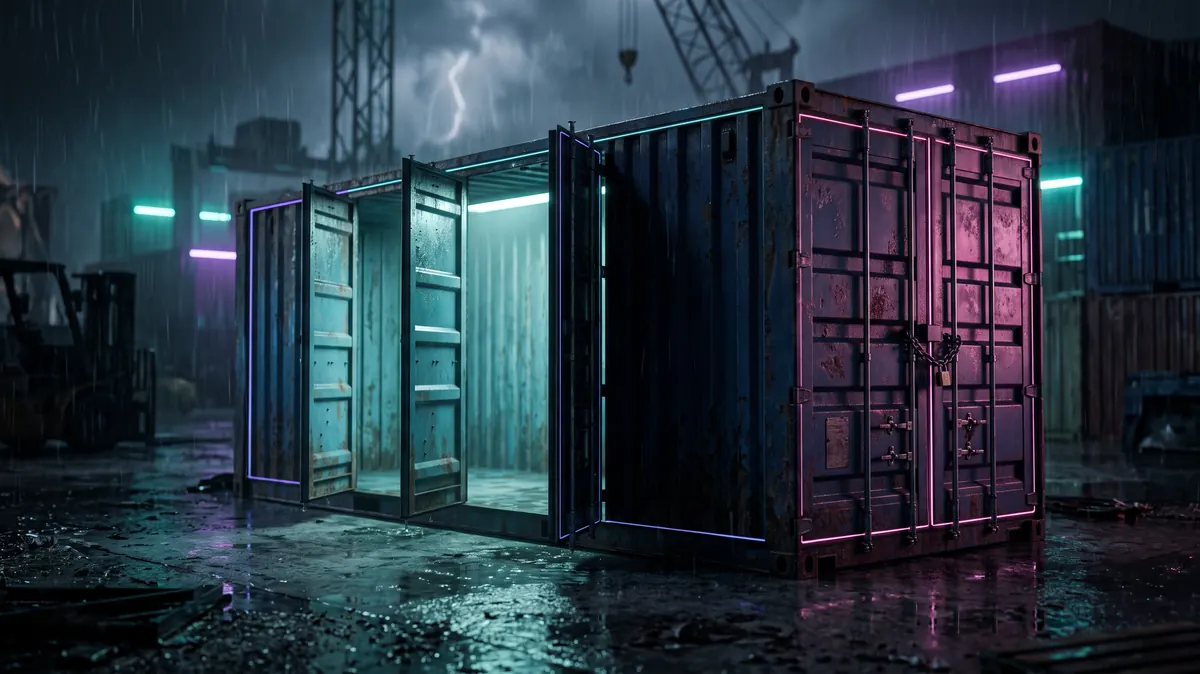 A rusted freight container at night with four of its five doors ajar and light spilling out, the fifth chained shut, wet concrete in the foreground.