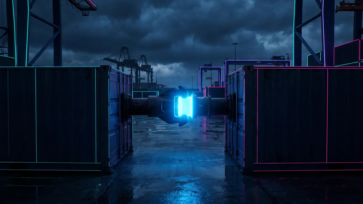 An industrial coupling between two containers glowing azure