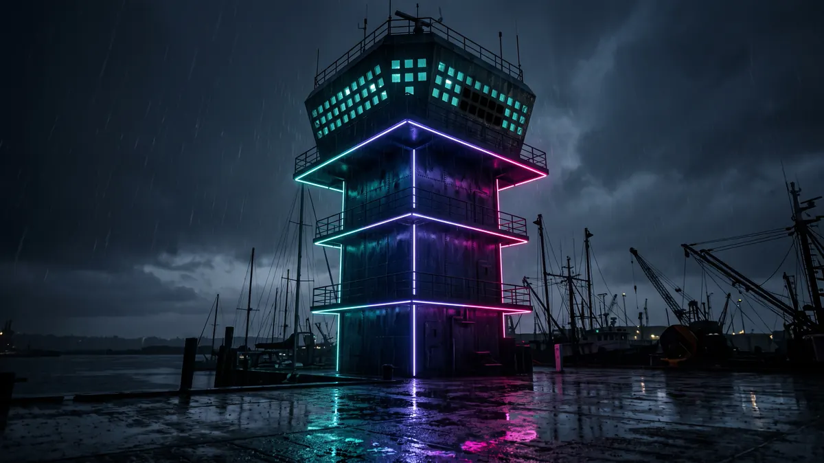 A harbour control tower at night seen from below, dozens of small teal window lights, one bank of them dark, ship masts silhouetted beyond.