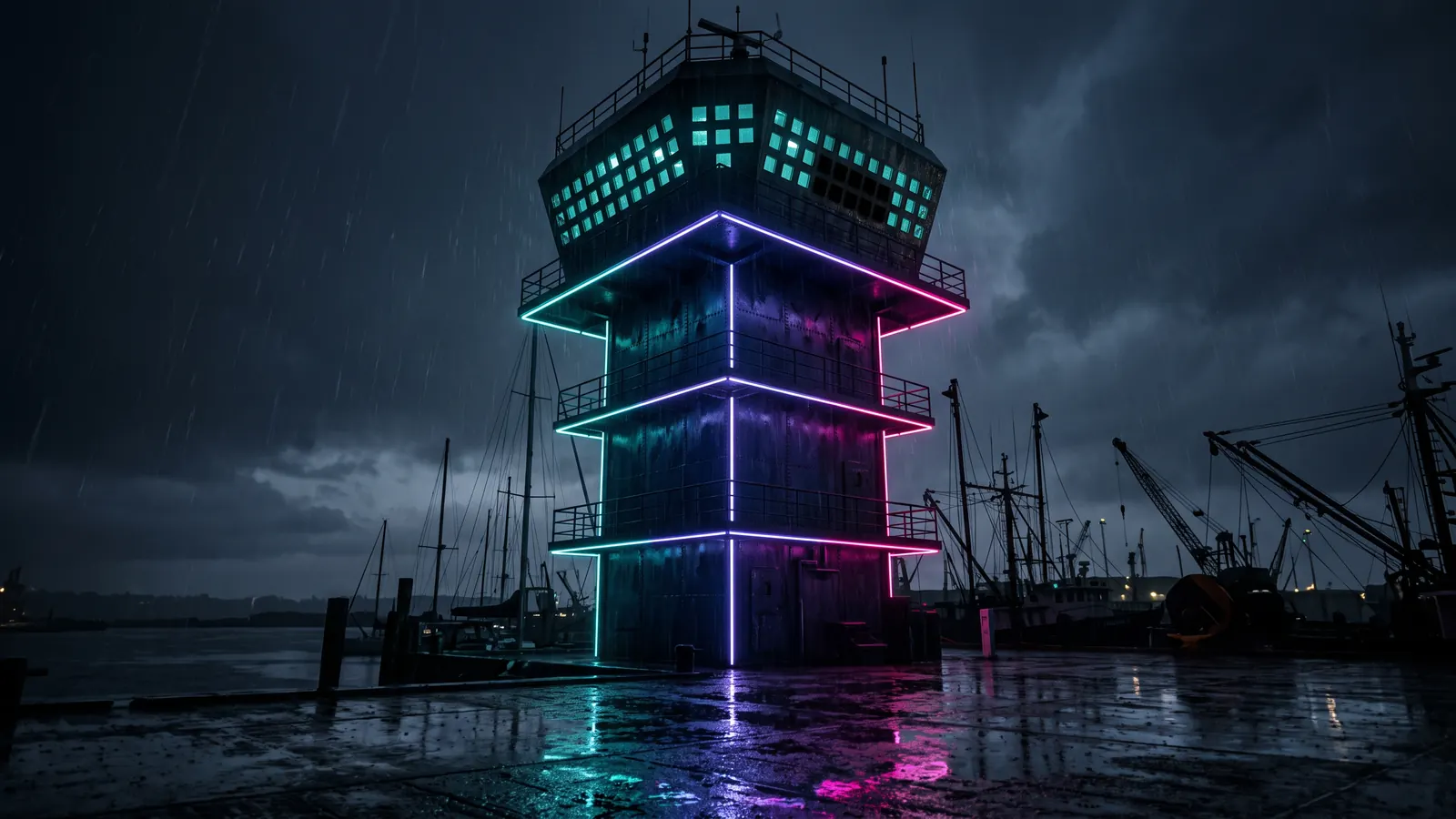A harbour control tower at night seen from below, dozens of small teal window lights, one bank of them dark, ship masts silhouetted beyond.