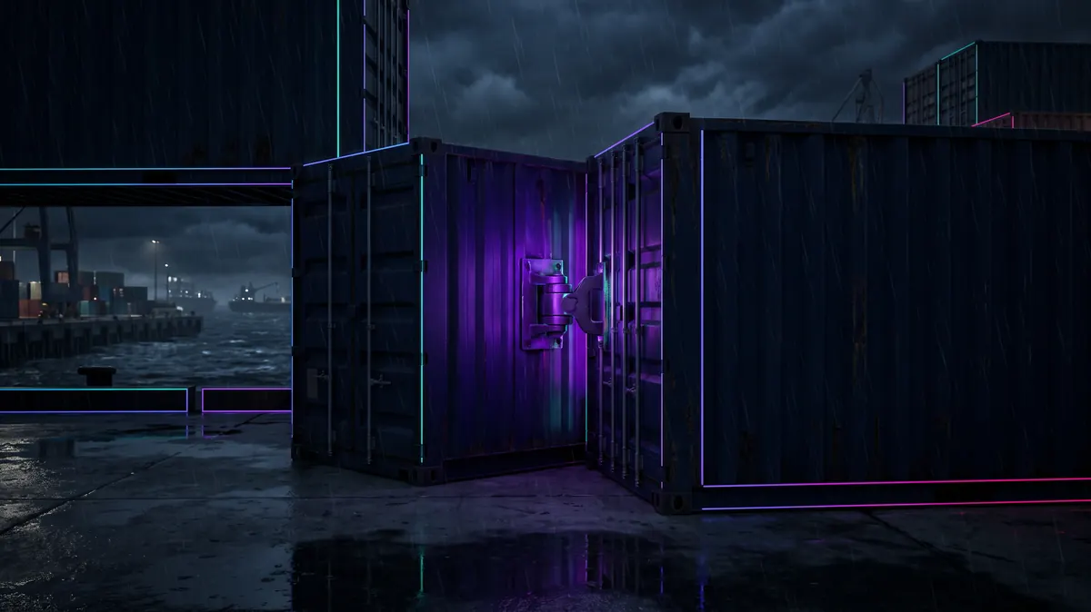An industrial coupling between two containers glowing purple