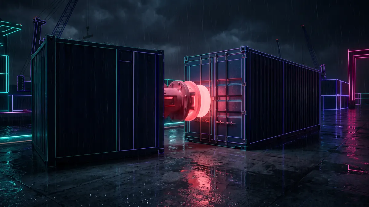 An industrial coupling between two containers glowing coral