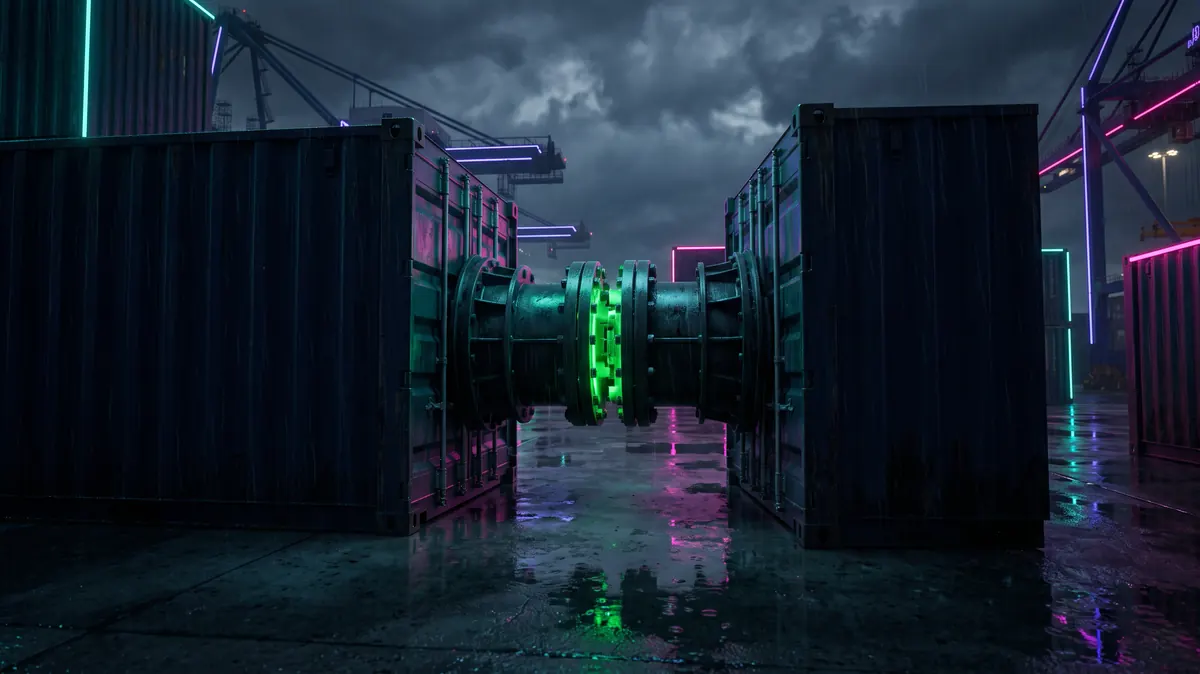 An industrial coupling between two containers glowing green