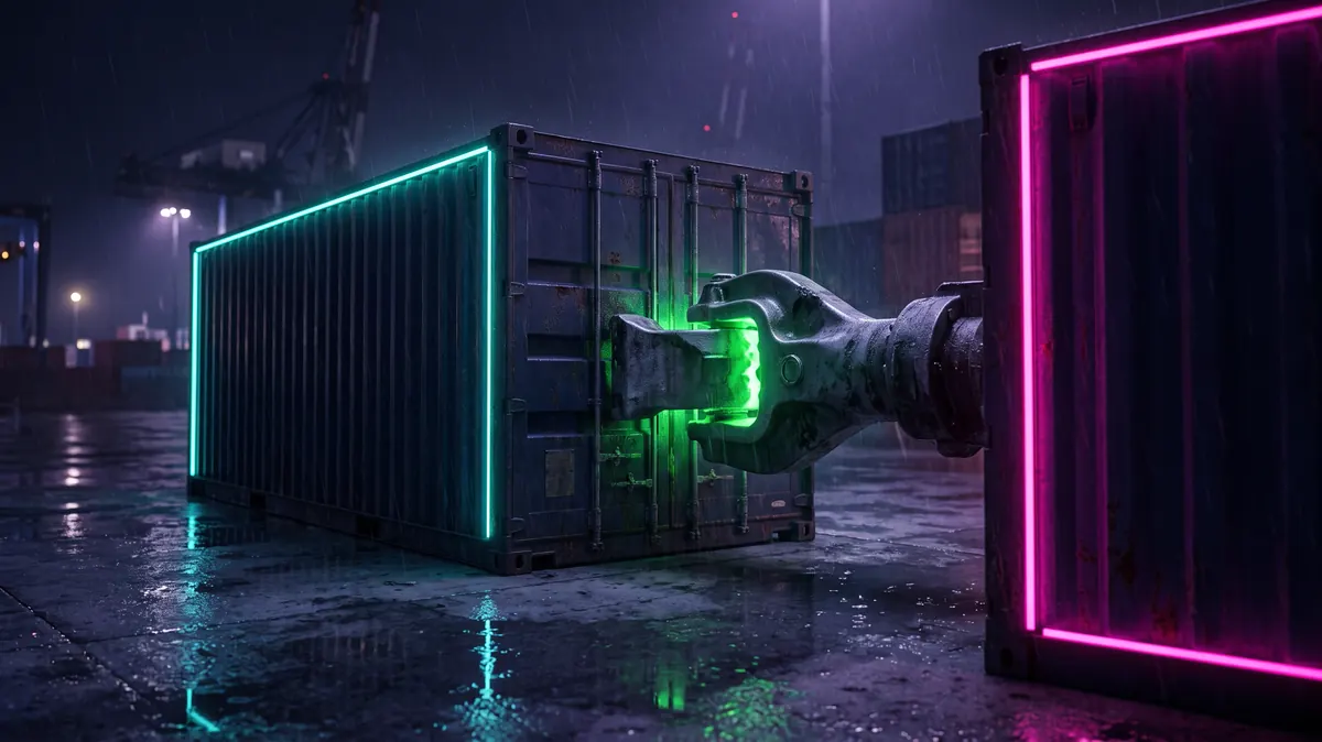 An industrial coupling between two containers glowing green