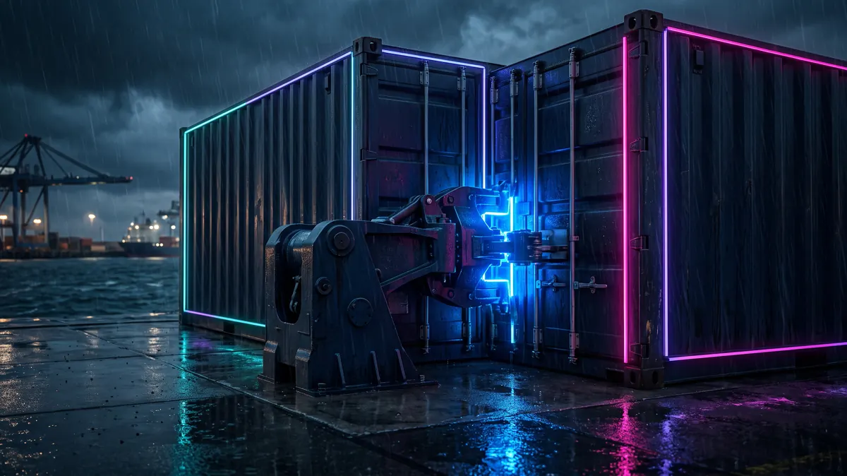 An industrial coupling between two containers glowing electric blue